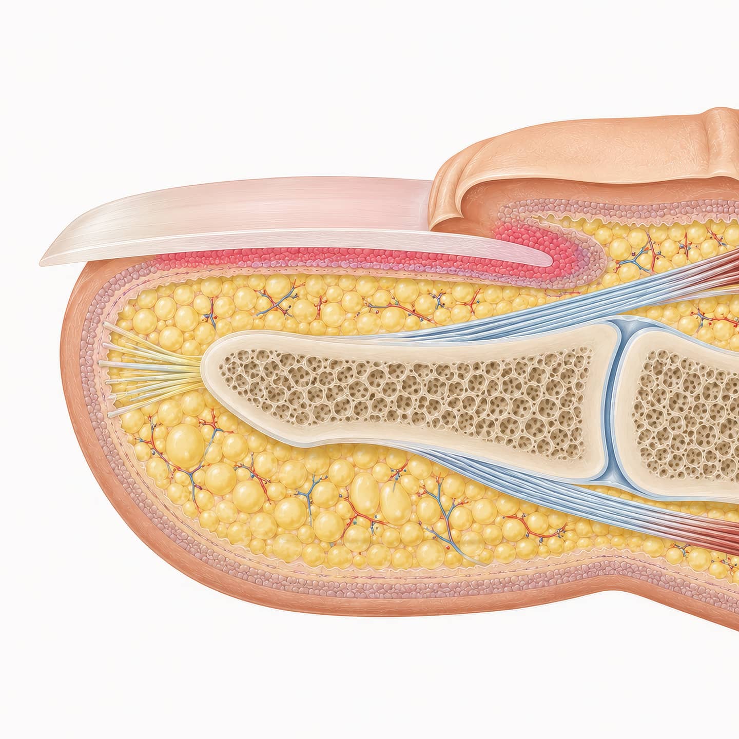 Anatomischer Längsschnitt eines Fingers mit sichtbarer Nagelplatte, Nagelmatrix, Nagelbett, Endphalanx und umgebendem Gewebe